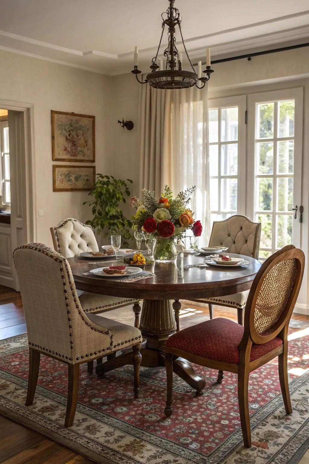Design a distinctive dining space using a mix of furniture styles.