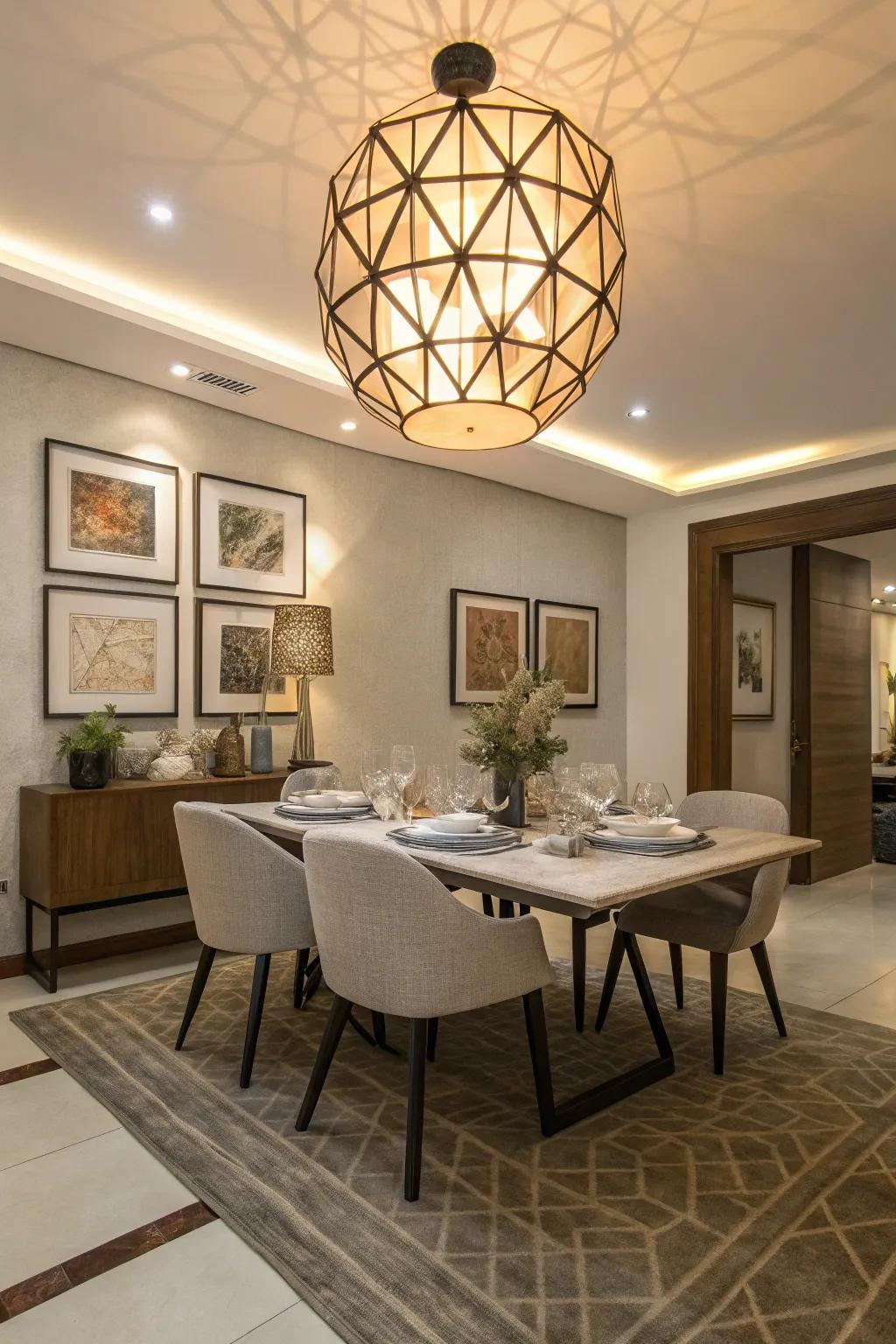 A geometric fixture adds a contemporary flair to a sophisticated dining room.