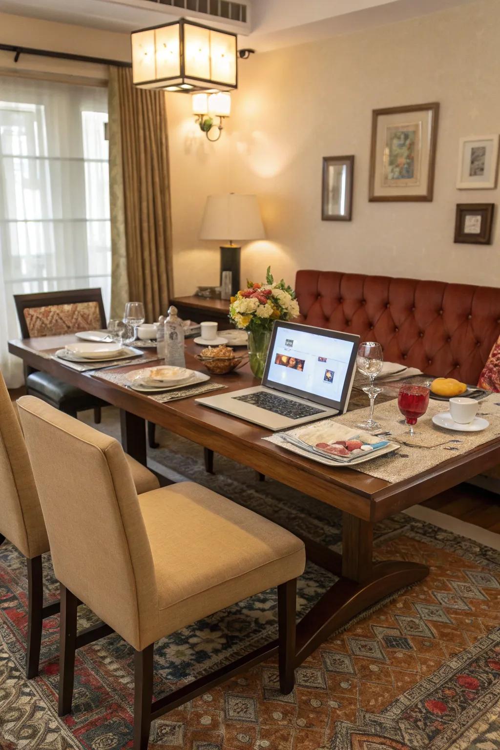 Cozy seating designed for dining and work requirements.