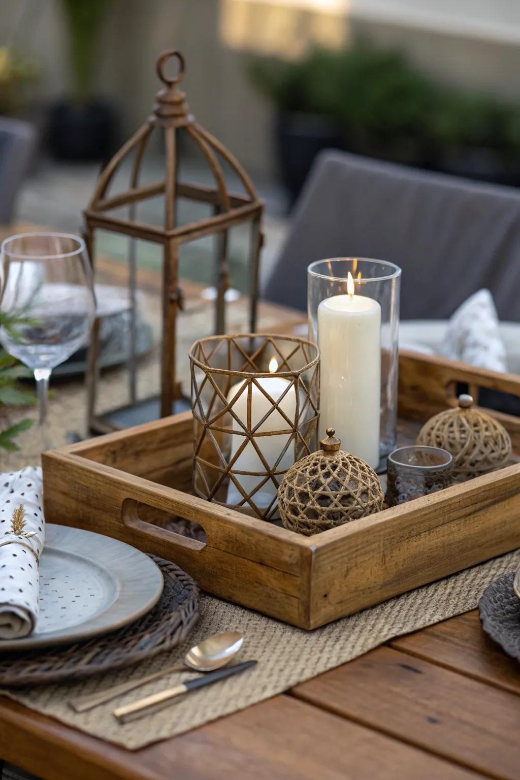 A combination of materials adds visual appeal and depth to your table's centerpiece.