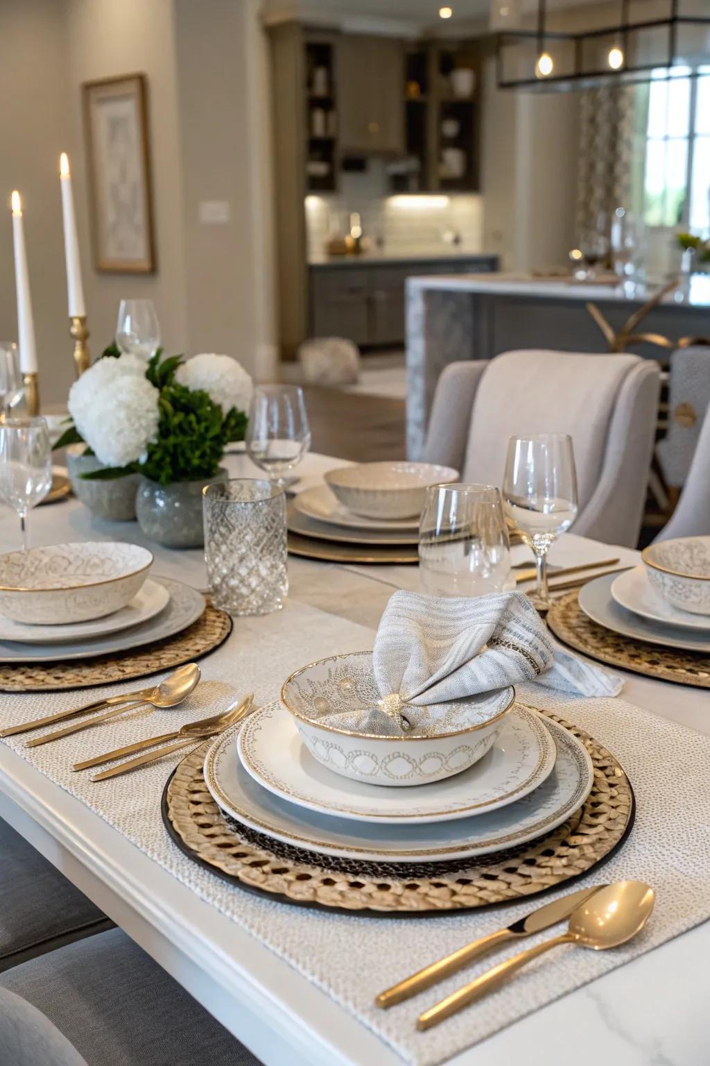 Layers within place settings craft a sophisticated table design.