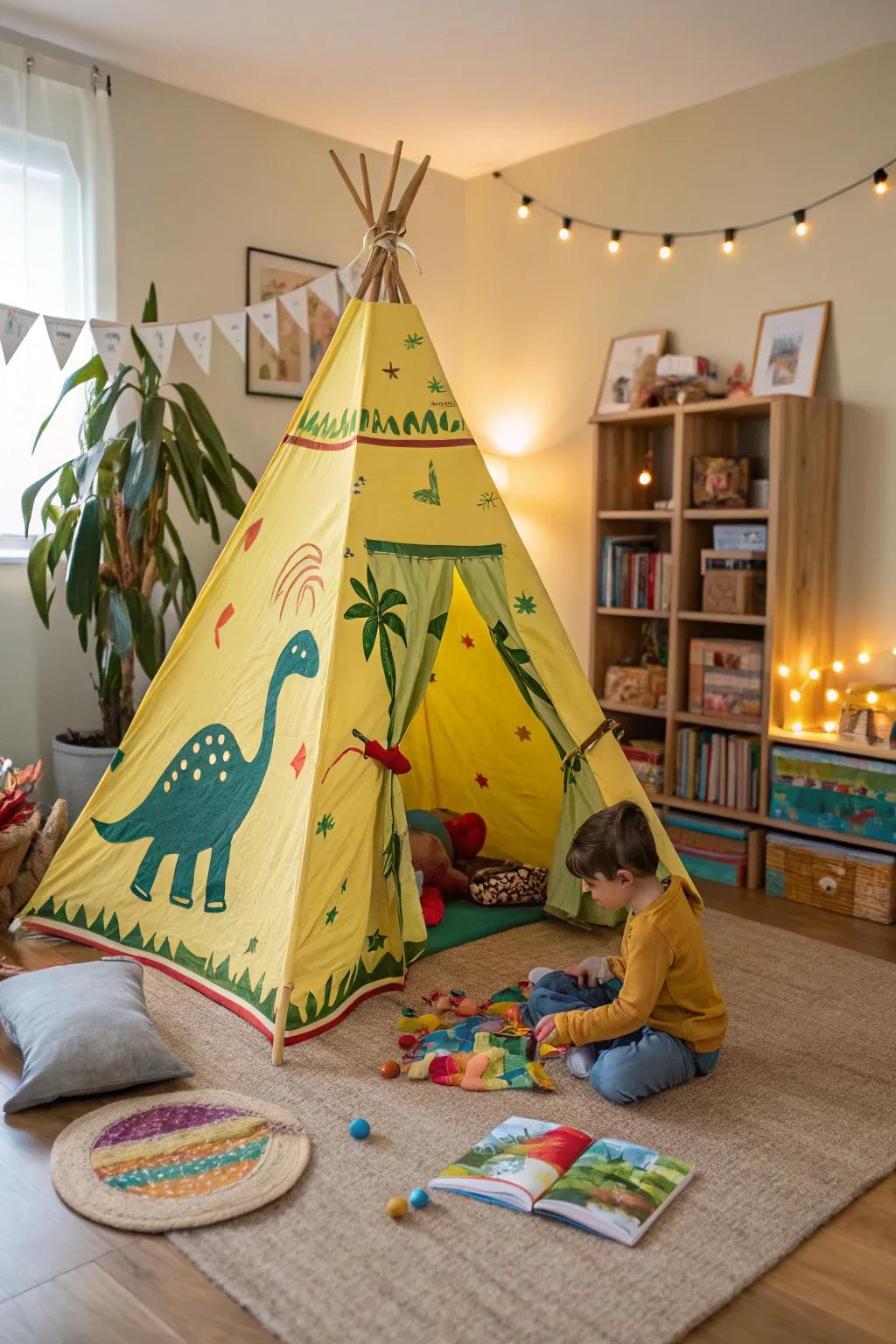 A playful dinosaur-themed teepee, offering a snug hideout for young adventurers to spark their imagination.