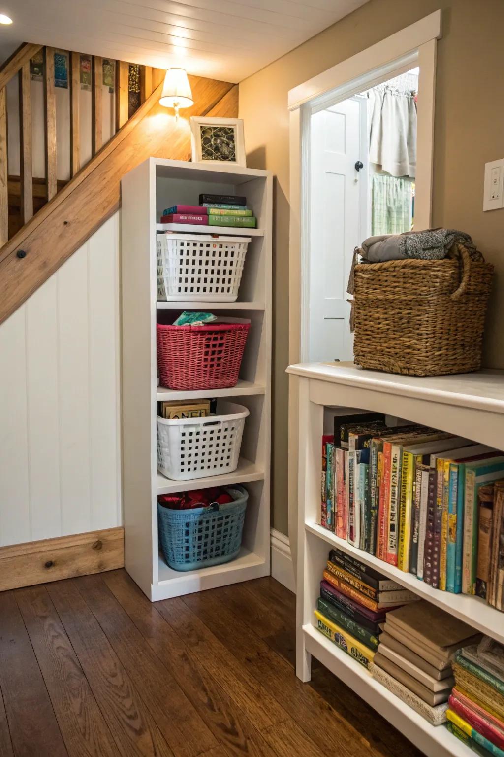 With customized baskets, a bookcase transforms into a lovely laundry sorting station.
