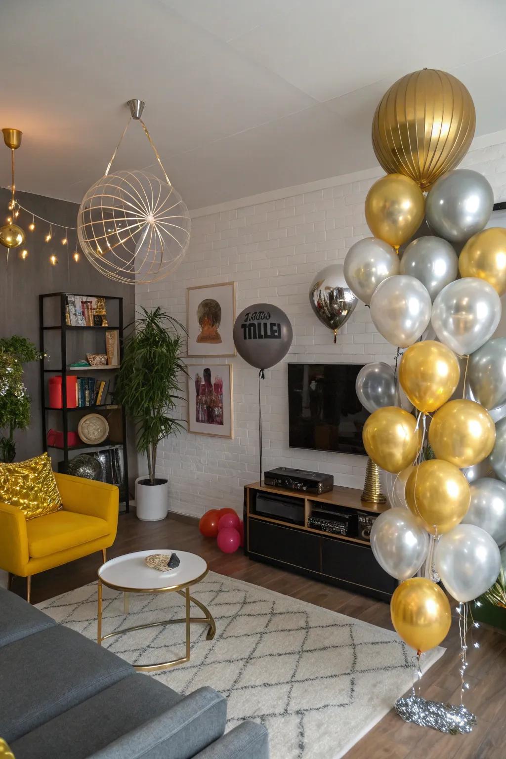 Shiny balloons contribute a festive flair to a disco party setting.