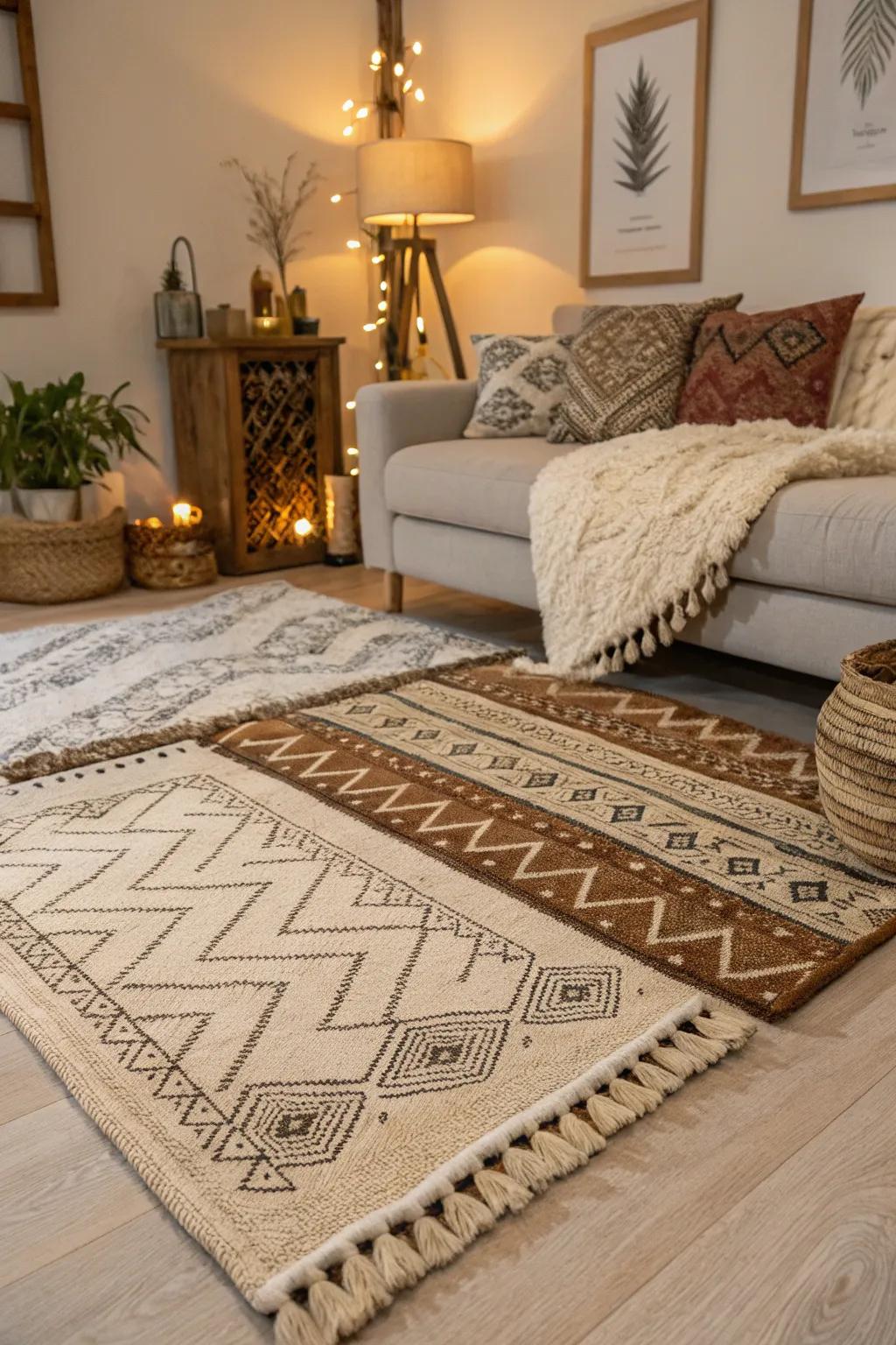 Layered rugs that introduce comfort and texture to a welcoming living space.