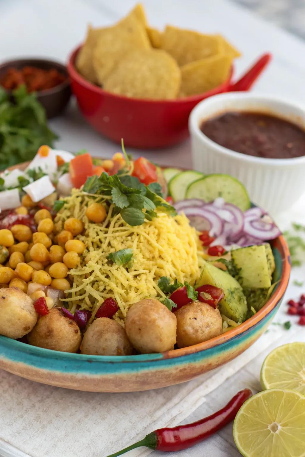 A lively and welcoming chaat platter – certain to charm all of your guests.