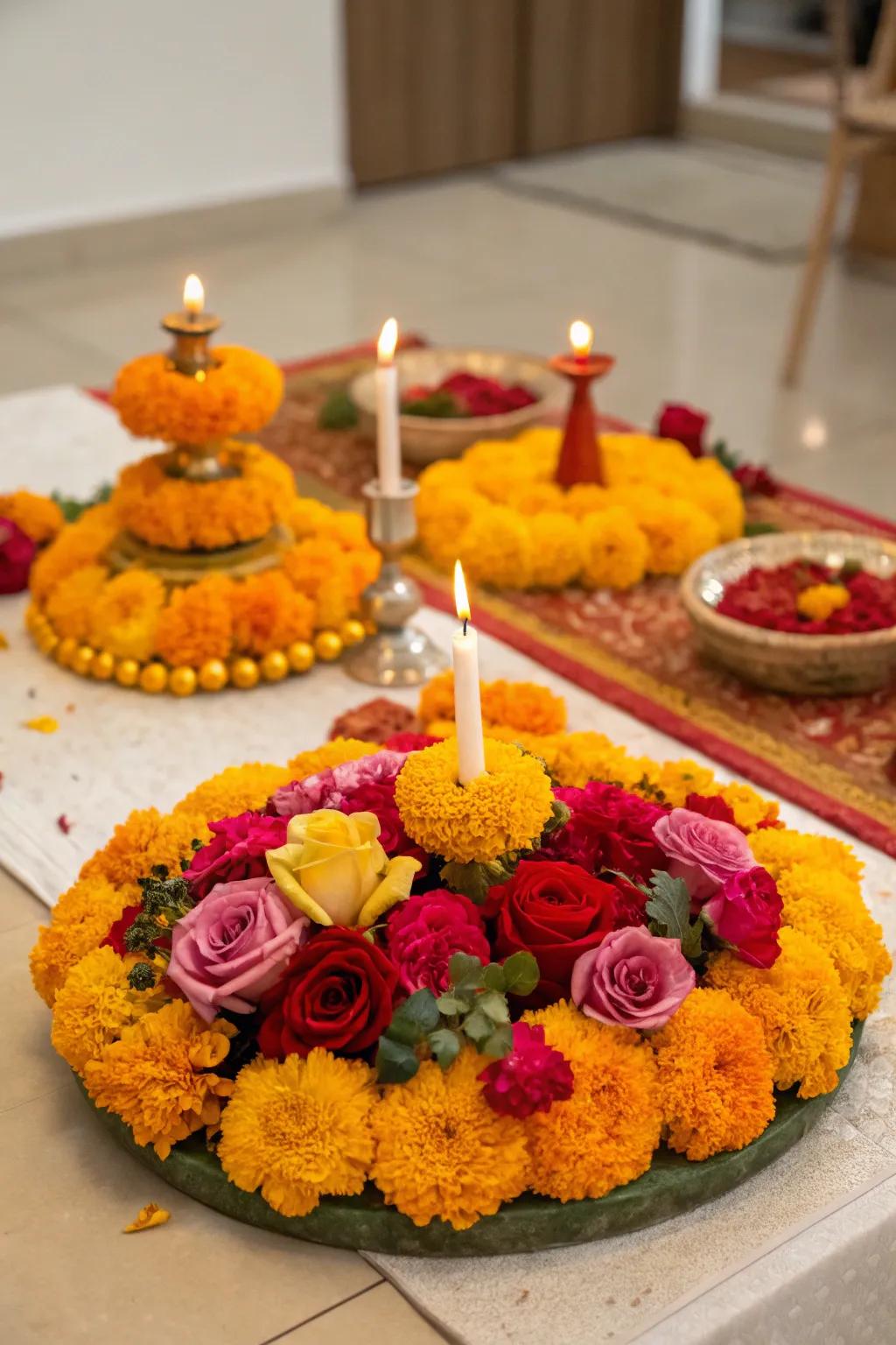 Botanical decorations of marigolds and roses lend elegance to the Diwali table.