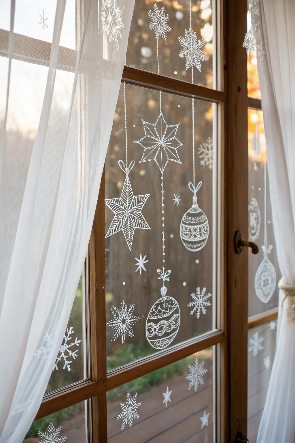 Turn your window into a painting of holiday beauty with colored chalk marker designs, capturing the essence of Scandinavian Boho appeal.