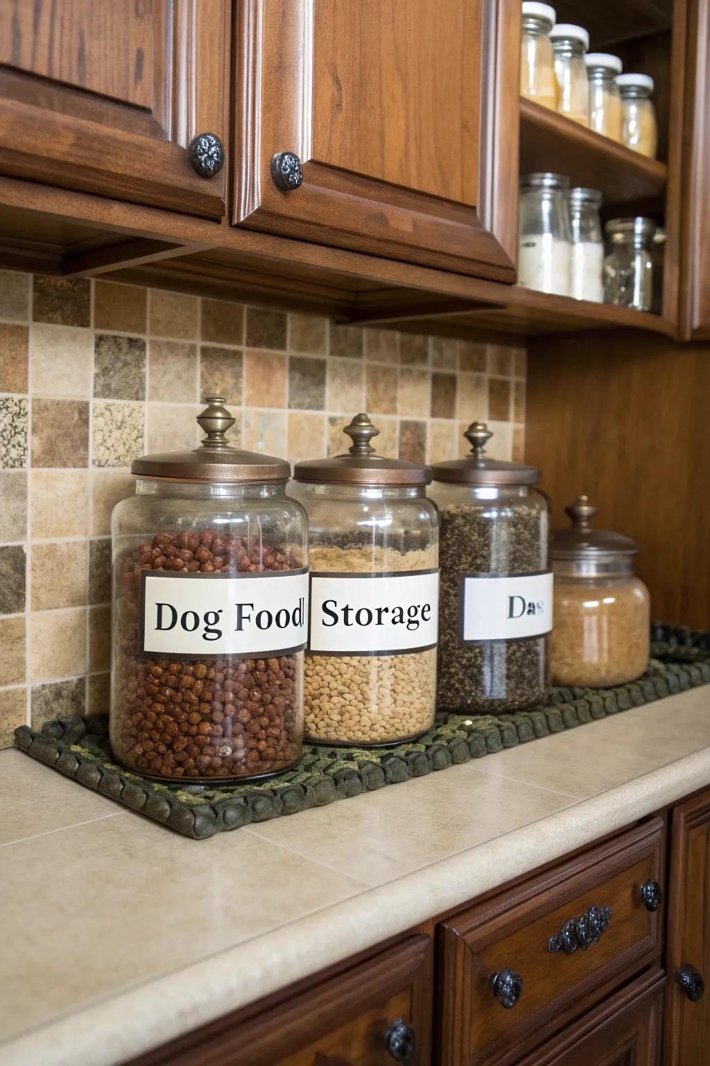 Chic decorative jars transform dog food storage into an attractive feature of your home’s decor.