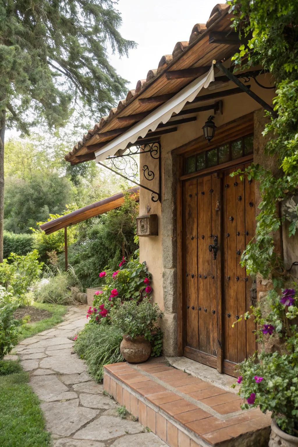 A warm timber awning enhancing any entrance with its rustic beauty.