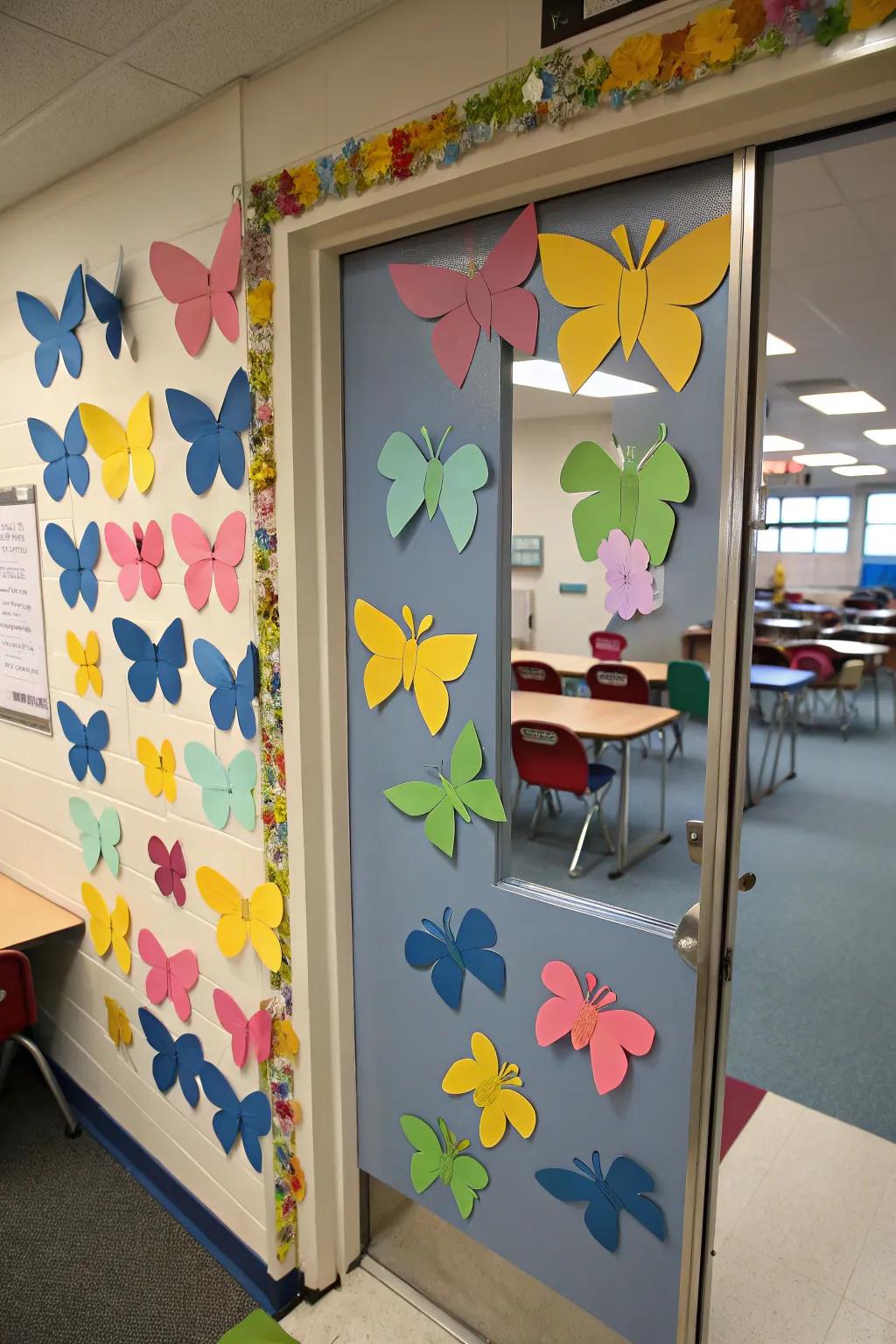 A door adorned with radiant paper butterflies.