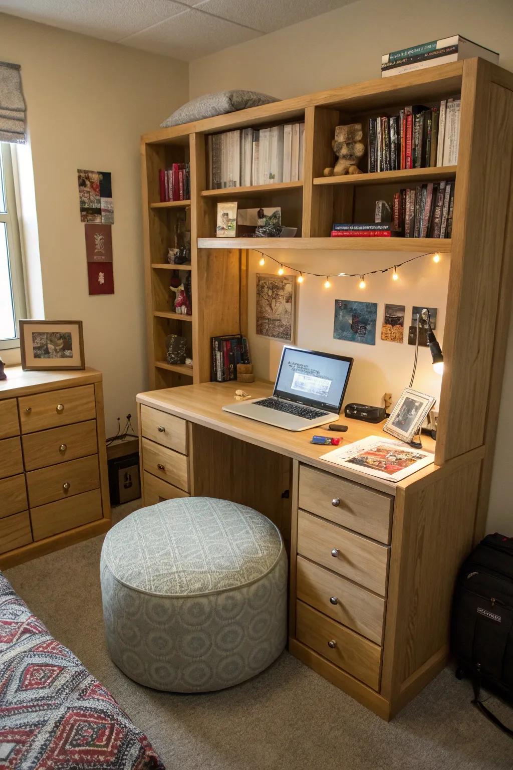 Multi-functional furniture is critical for effective dorm room layouts.