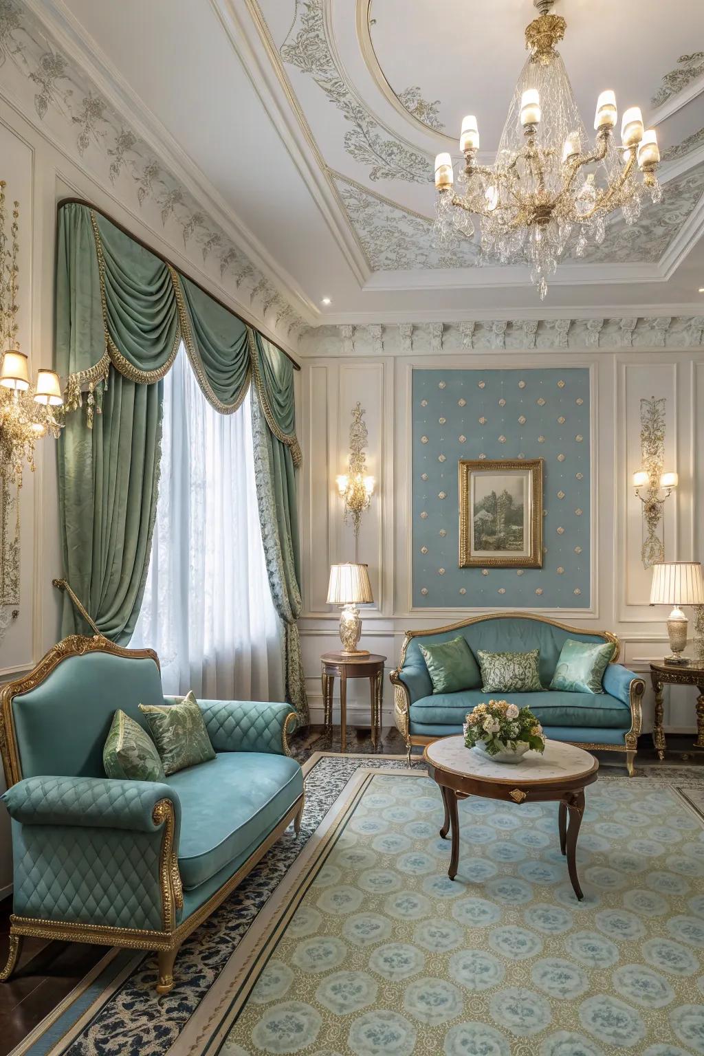 Rich blues and greens craft a calming yet elegant setting.