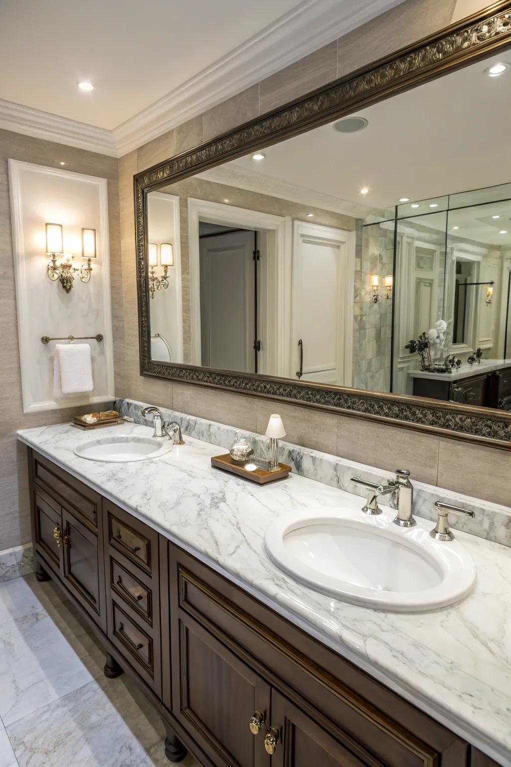 Luxurious marble countertops complement the double sinks in this upscale bathroom.