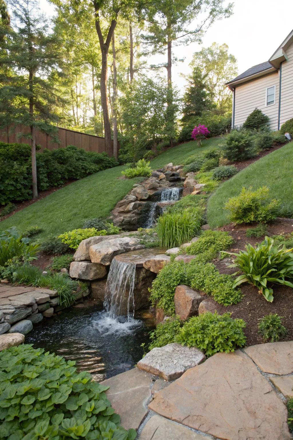 A plunging cascade infuses tranquility and splendor to any sloped backyard.