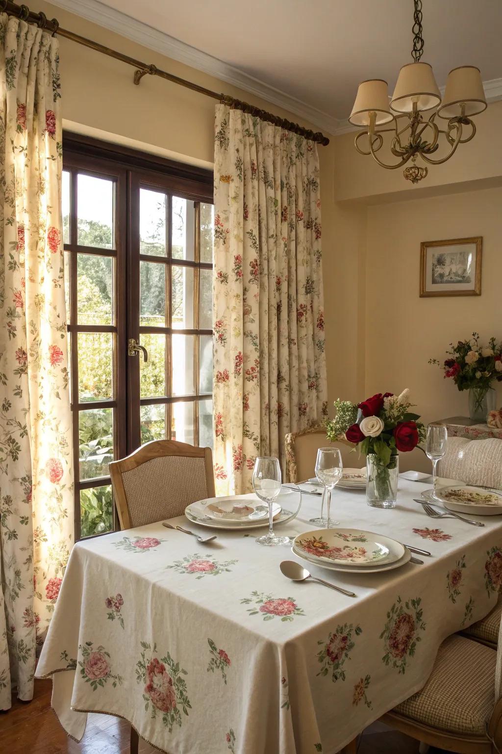 Patterned floral draperies incorporating visual intrigue into a dining space.