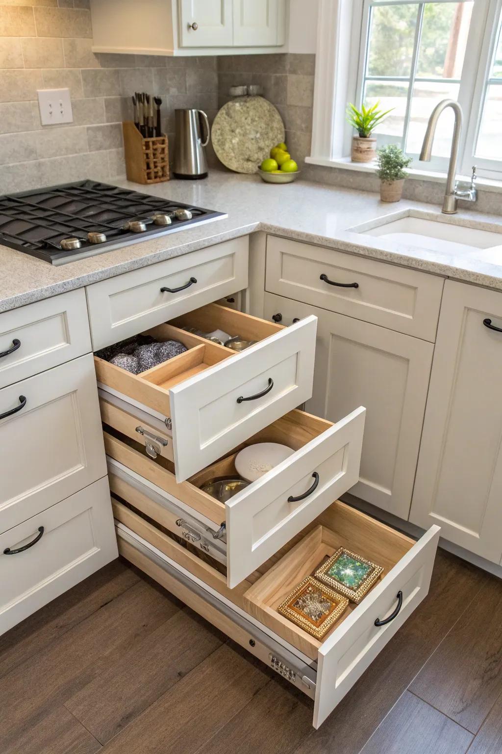 Angled drawers cleverly utilize otherwise unused space