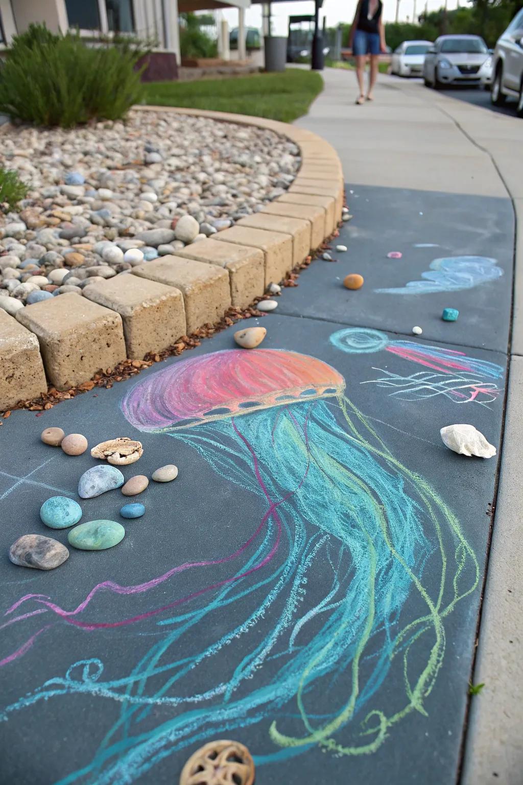 Jellyfish sway across the sidewalk in a mesmerizing chalk art display.