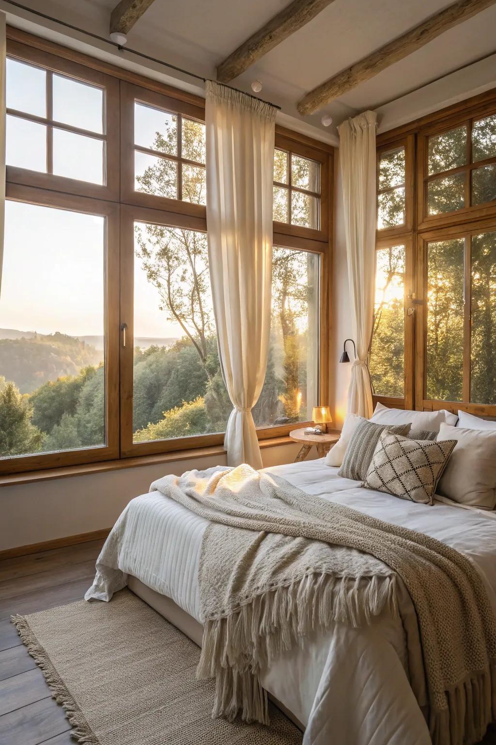 Solar illumination cultivates an upbeat and radiant bedroom setting.