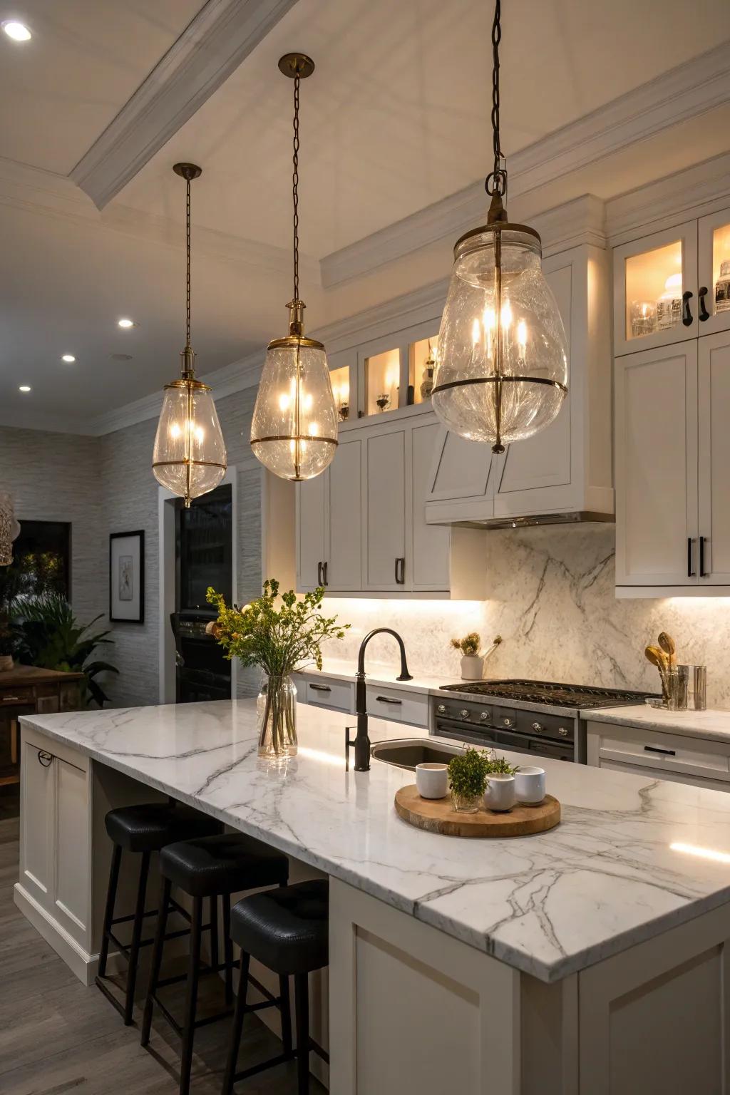 Statement illumination that contributes sophistication and ambiance to the kitchen.
