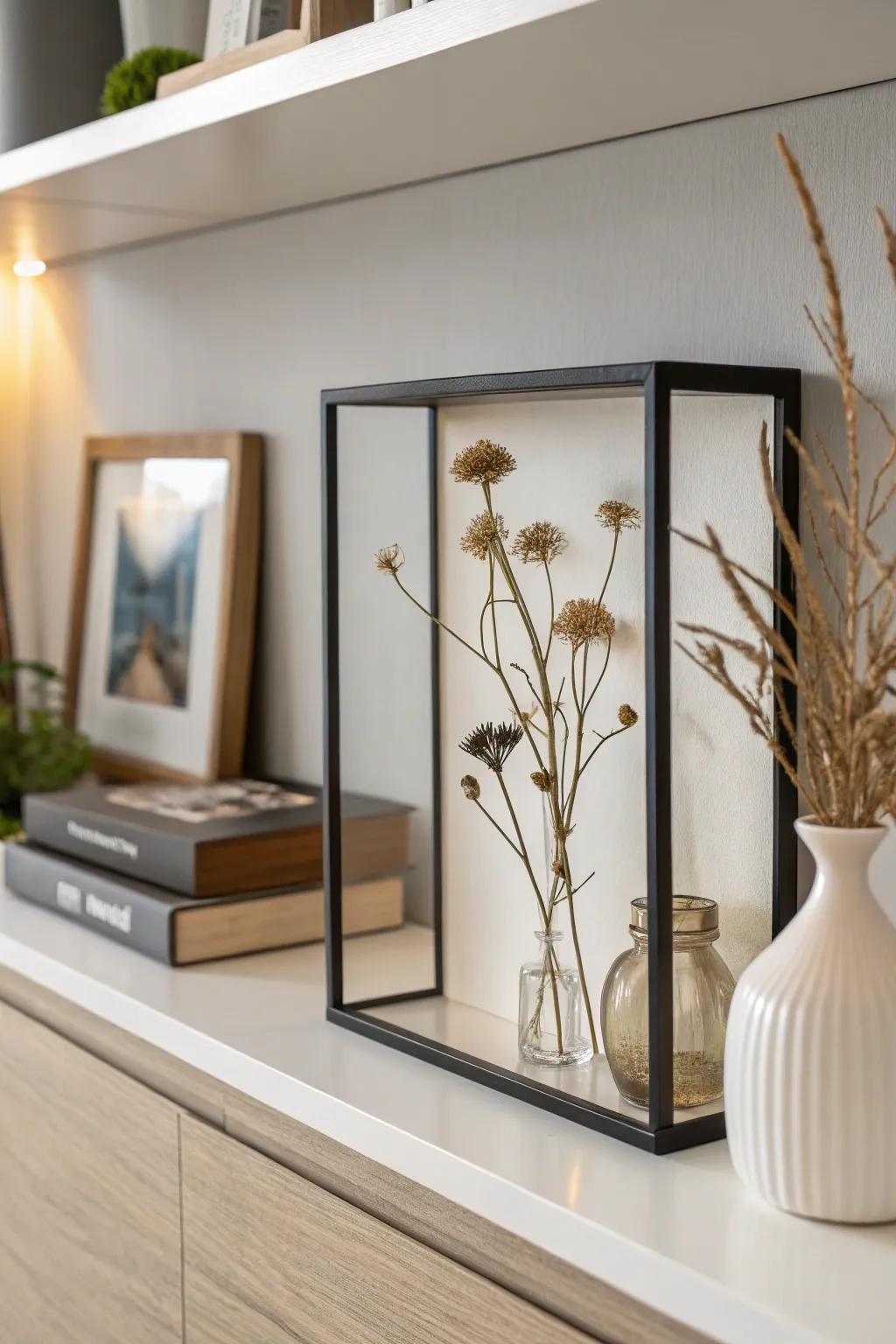 Embrace the beauty of simplicity with a minimalist dried flower display case.