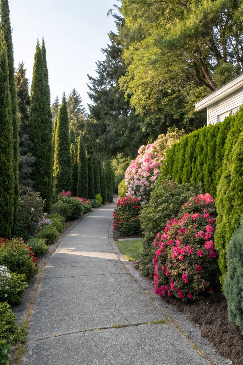A rich mix of hedges adding texture and color to a driveway.