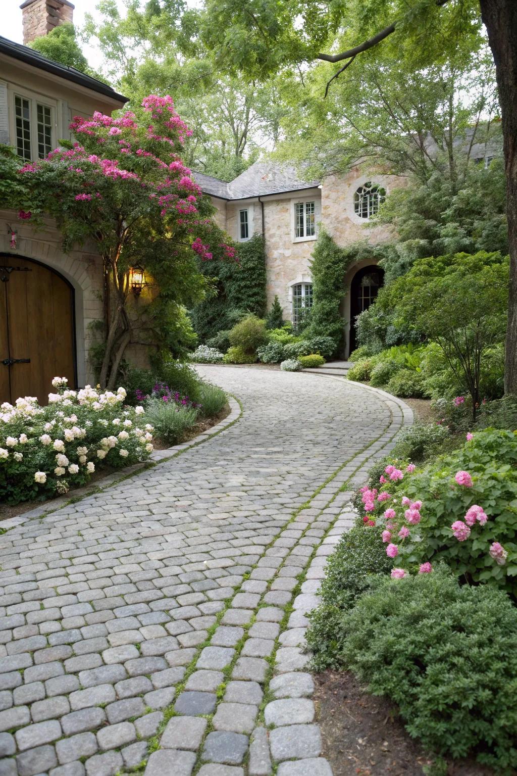 An Old World cobble driveway, infusing character and charm into the home.