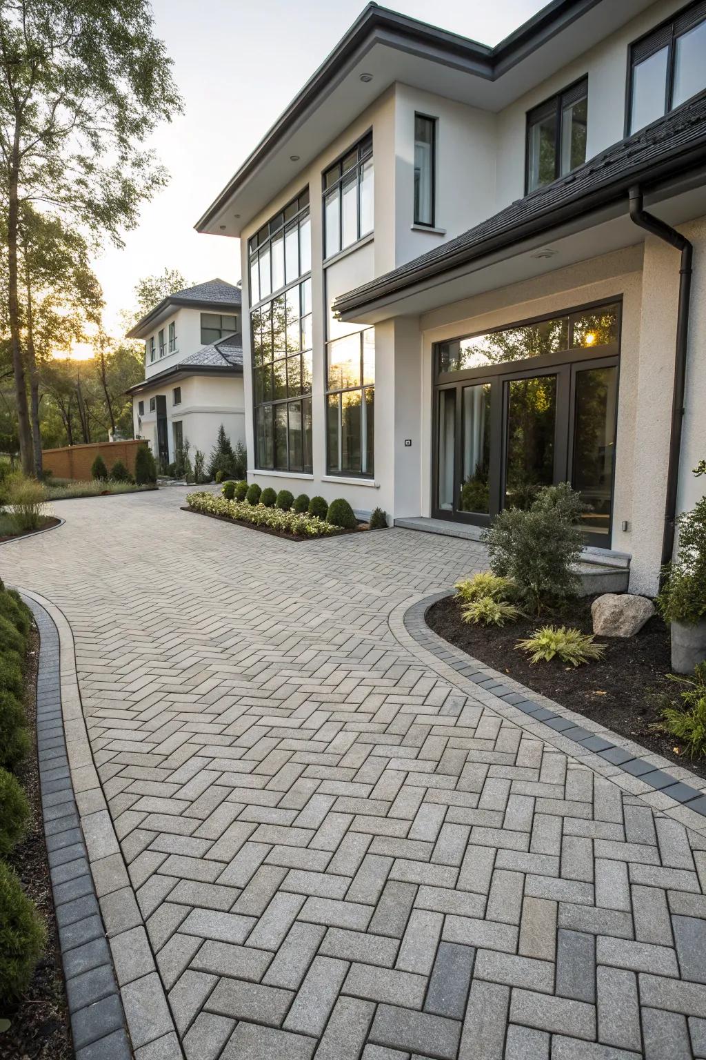 Elaborate paving stone patterns infuse refinement into this driveway.