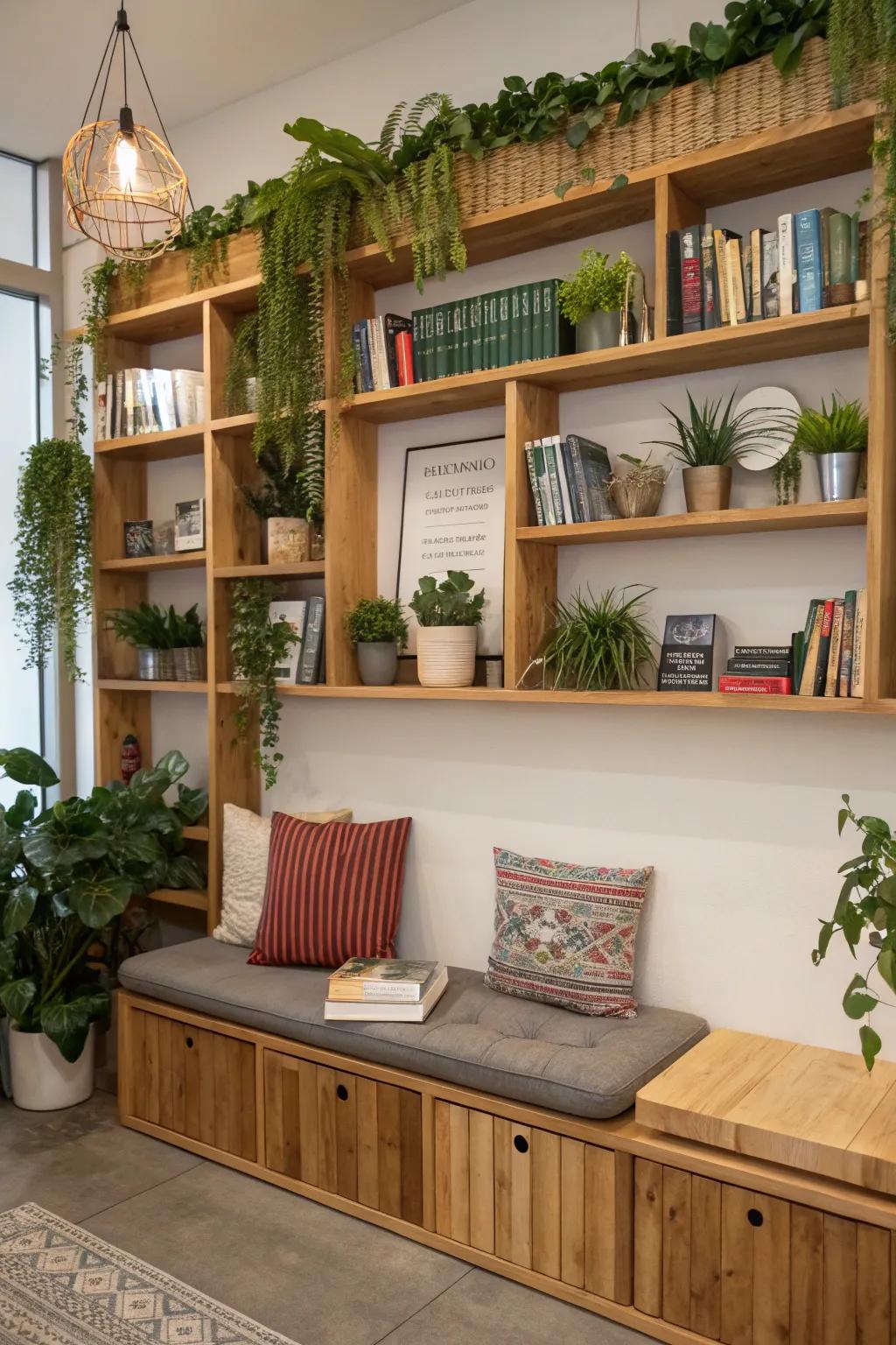 Shelves present stylish storage and display possibilities.