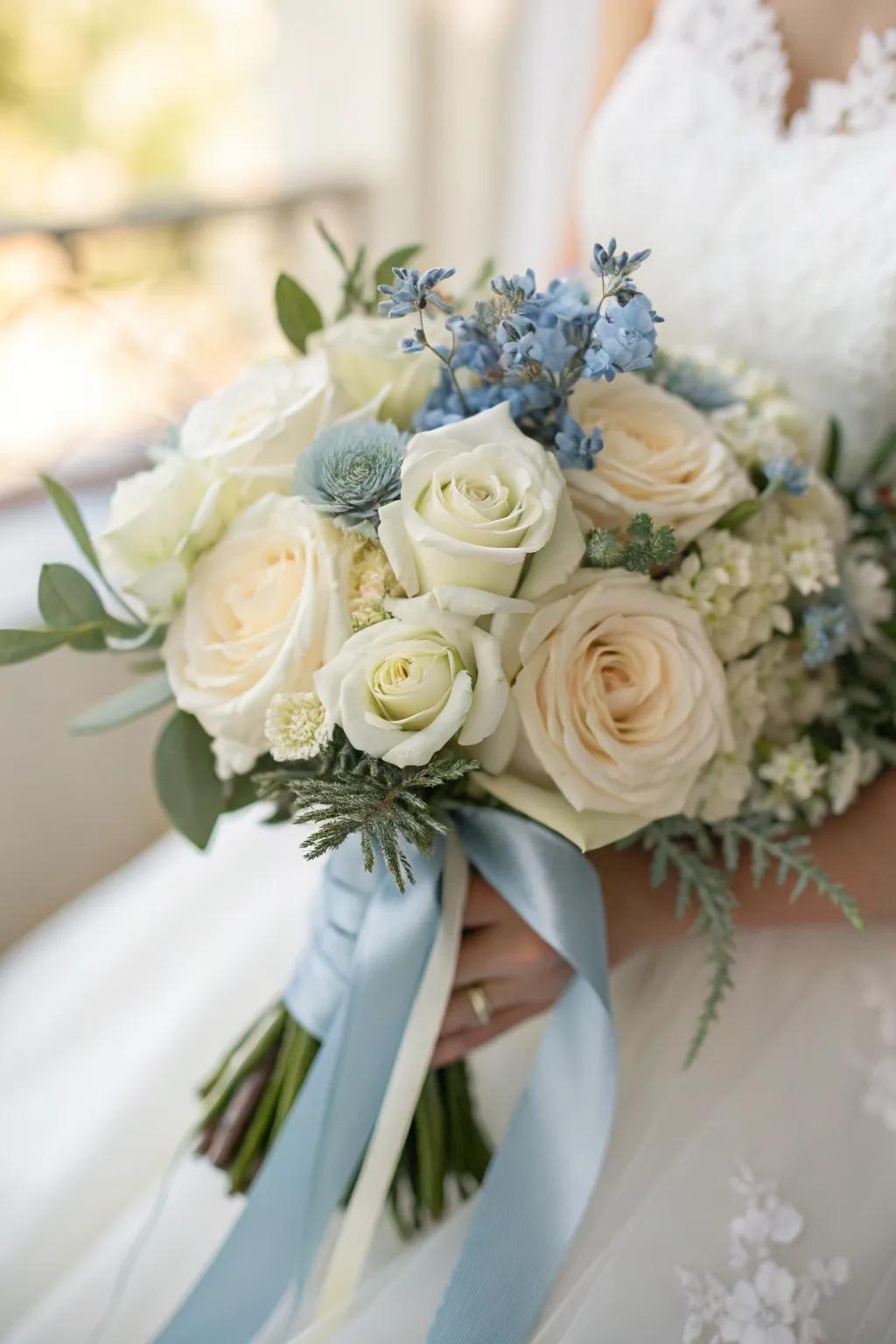 A captivating bouquet presenting an ideal fusion of pristine white and misty blue blossoms.