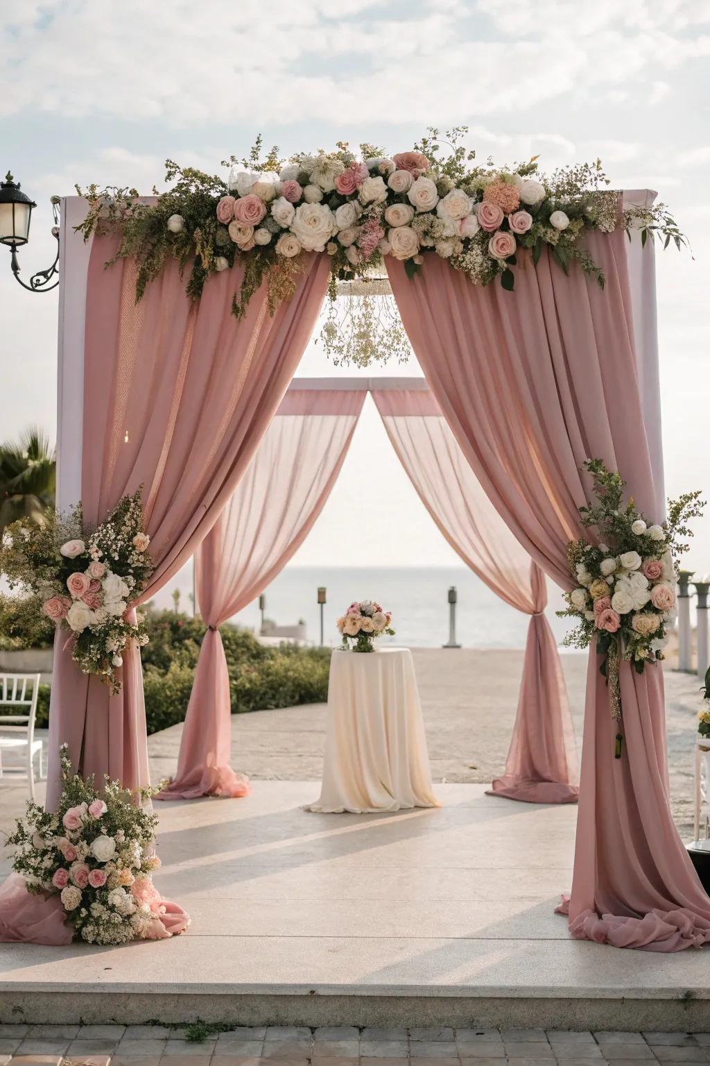 Romantic backdrop featuring antique rose fabric.