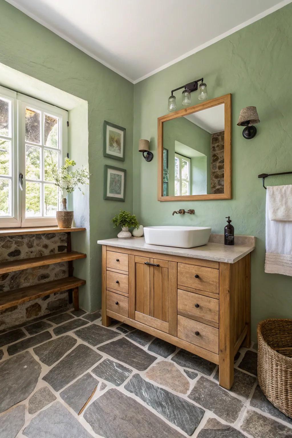Terrestrial hues cultivate a tranquil and welcoming bathroom setting.