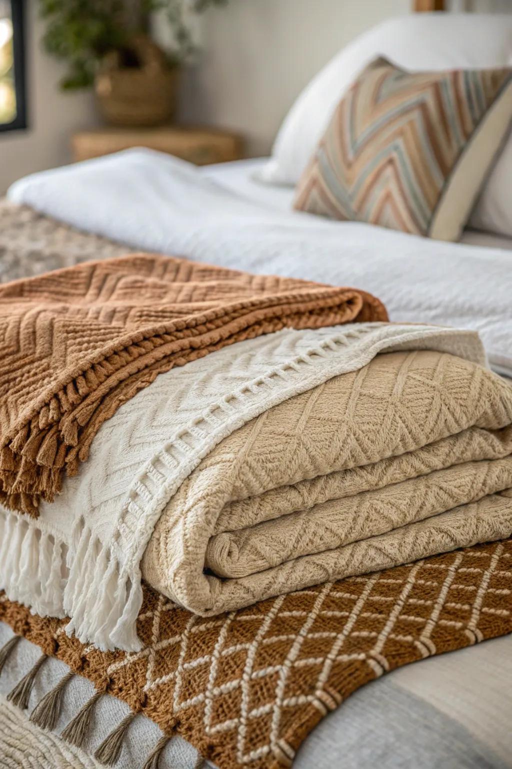 Varied surface fabrics provide depth and warmth to the bedroom.