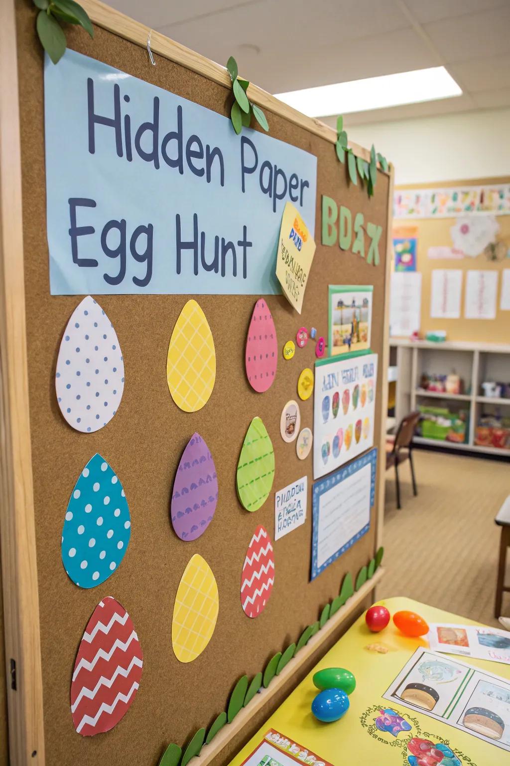 An interactive egg hunt using concealed paper eggs for playful enjoyment.