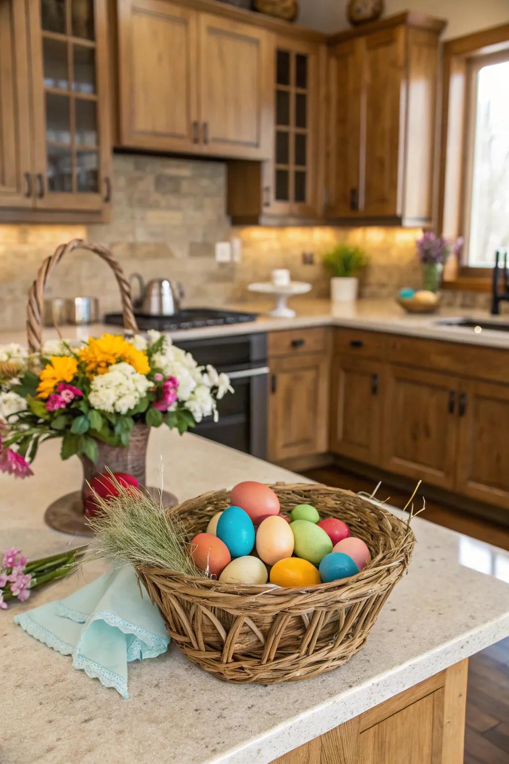 A vibrant array of chromatic Easter eggs beautifies the cooking island.
