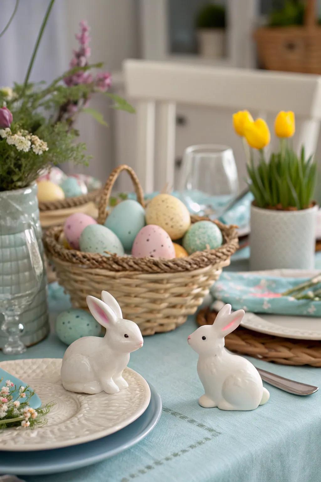 Rabbit figures bring a playful charm to the Easter decorations.