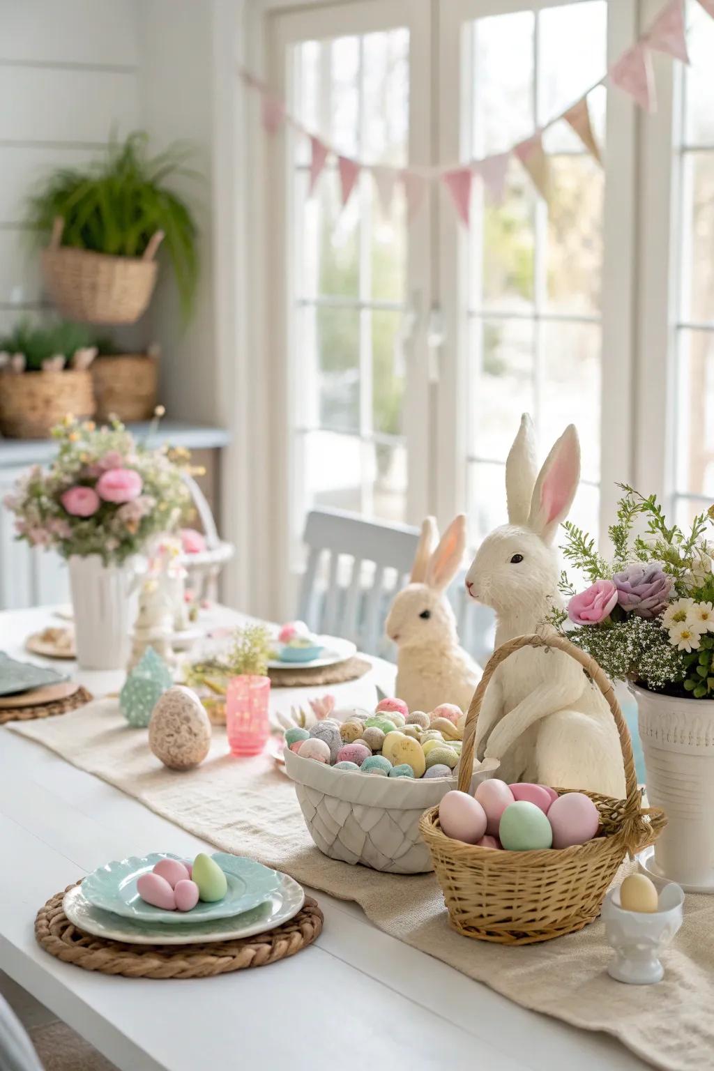 Whimsical bunny figures contribute an element of lighthearted charm.