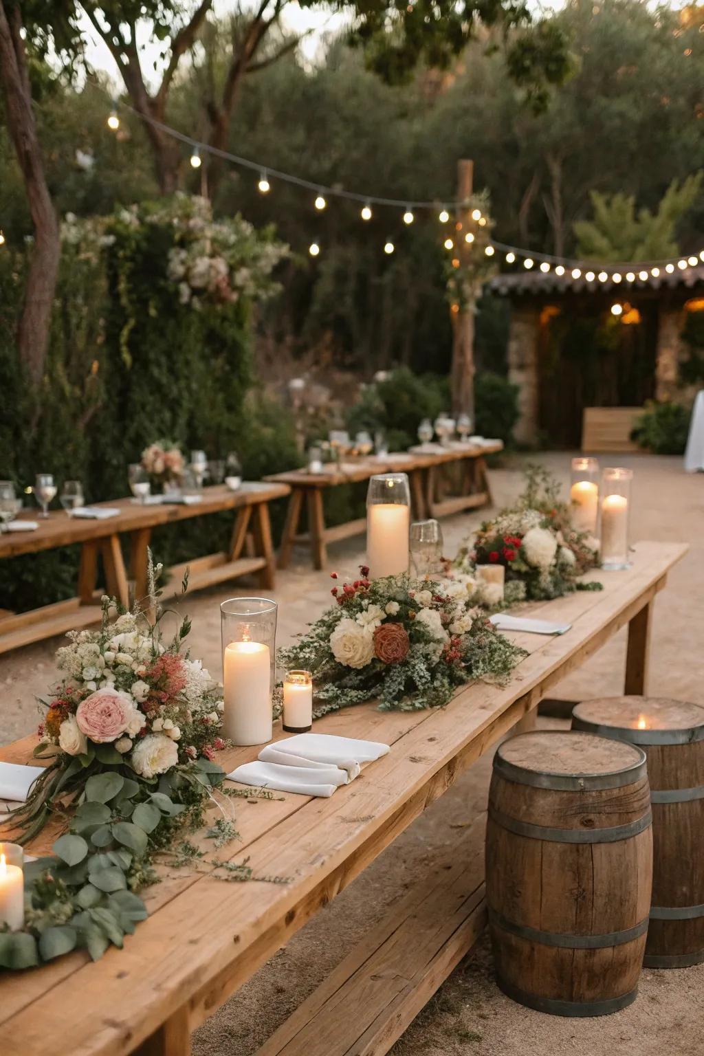 Country-inspired wedding decor highlighting raw wood tables and components drawn from nature.