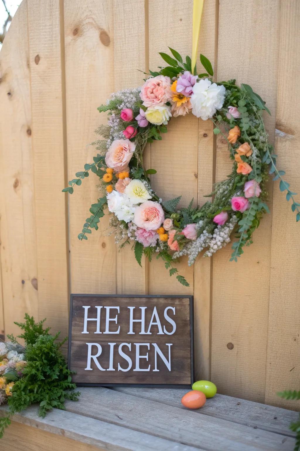 A splendid Easter wreath presenting a botanical swag and a meaningful seasonal sentiment.