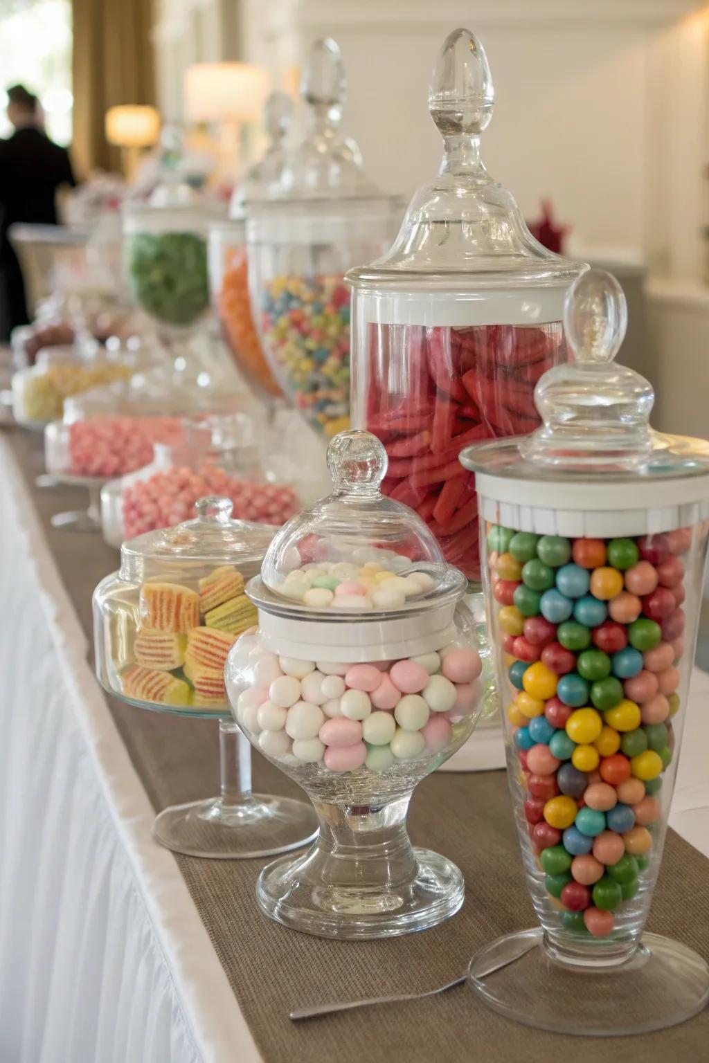 See-through containers display bright sweets beautifully.