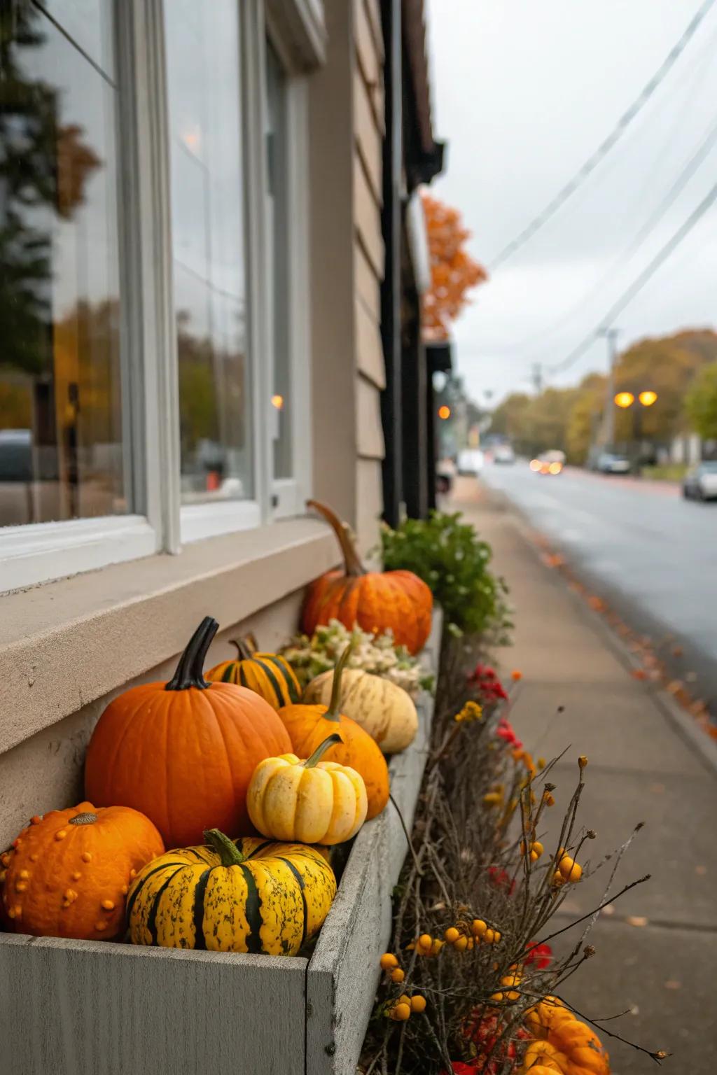 Little round squashes contribute a playful essence to fall window boxes.