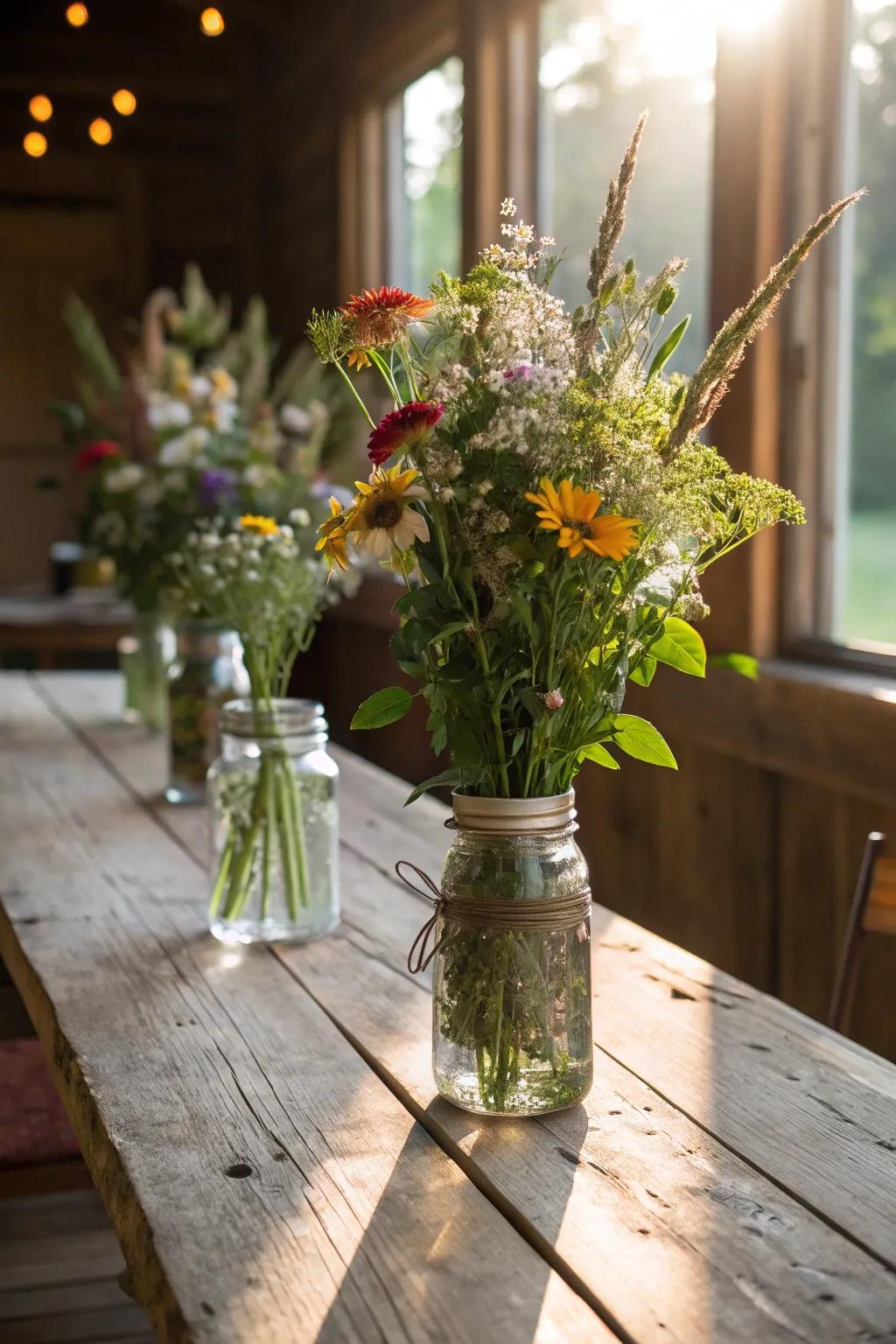 Flower arrangements in glass jars showcase a rustic touch.