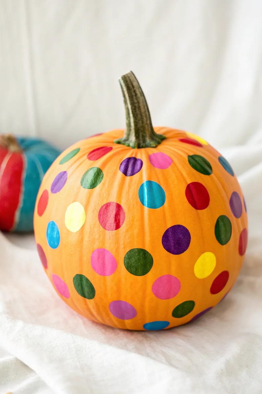 Multicolor polka dots infuse a spirited essence into this Halloween pumpkin.