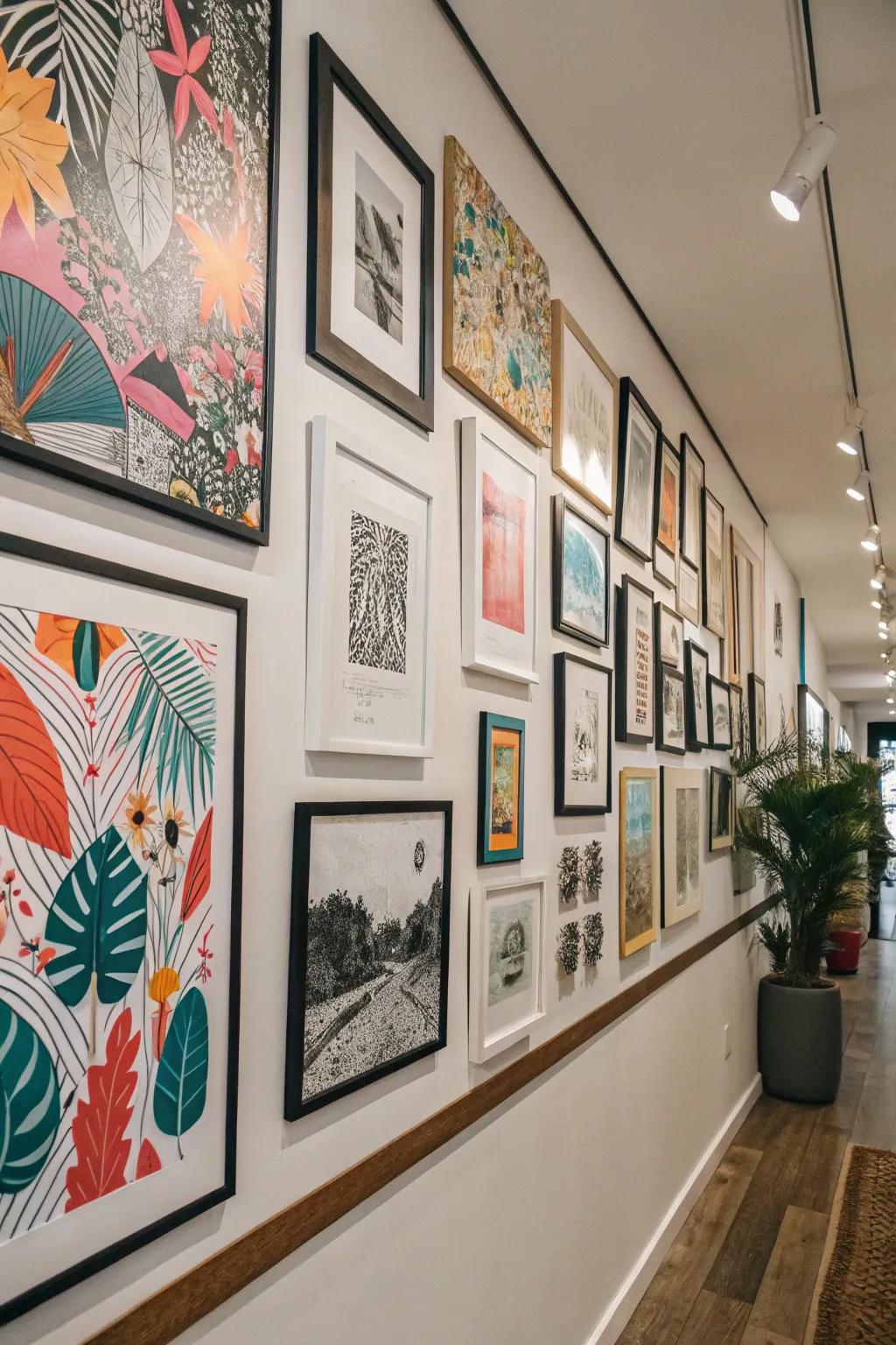 An eclectic feature wall showcasing a variety of art styles.