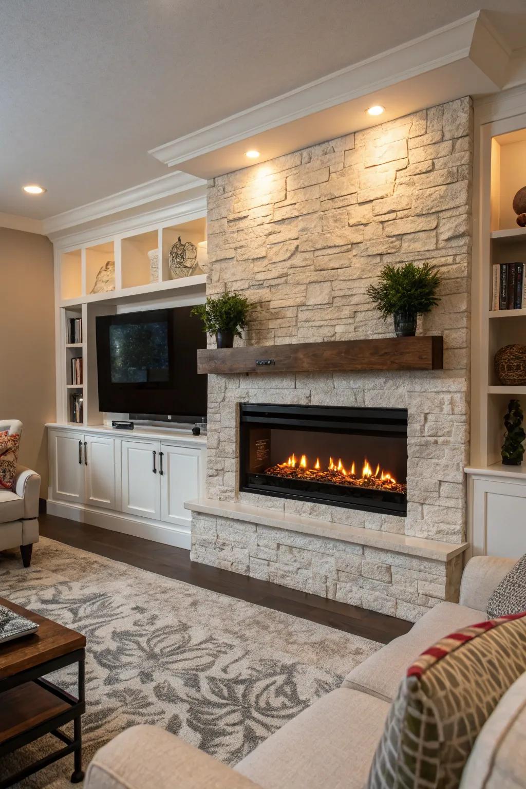A living room features a built-in electric fireplace perfectly incorporated into the wall.