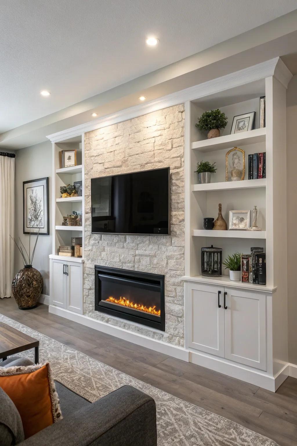 A built-in electric fireplace integrates flawlessly into a stylish living space.