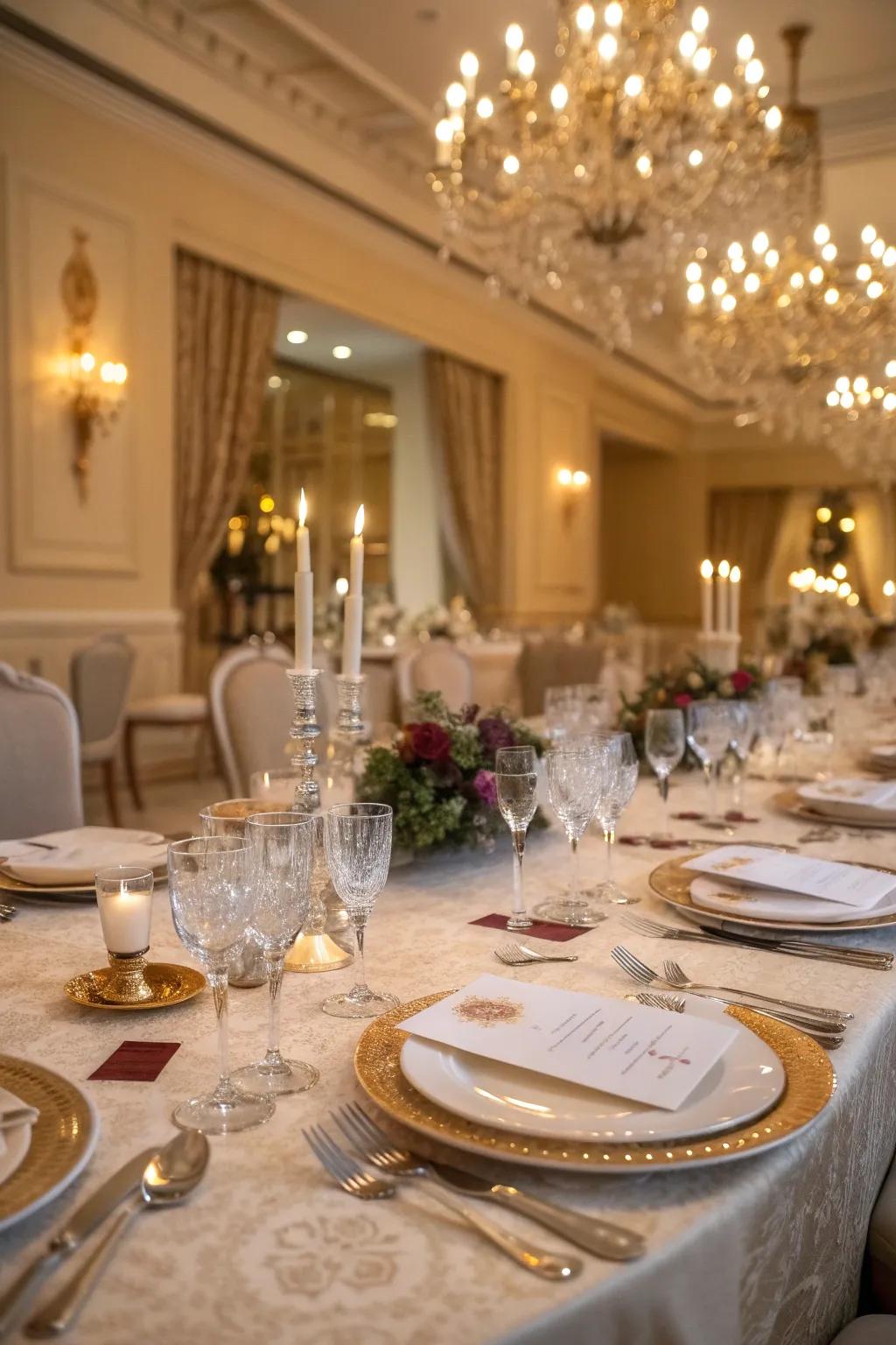 Formal table arrangement featuring premium china and glassware.