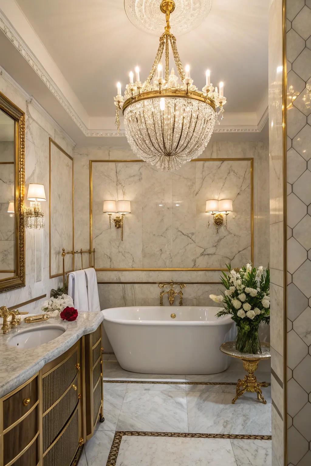 A lighting fixture injects a hint of glamor into this elegant bathroom.