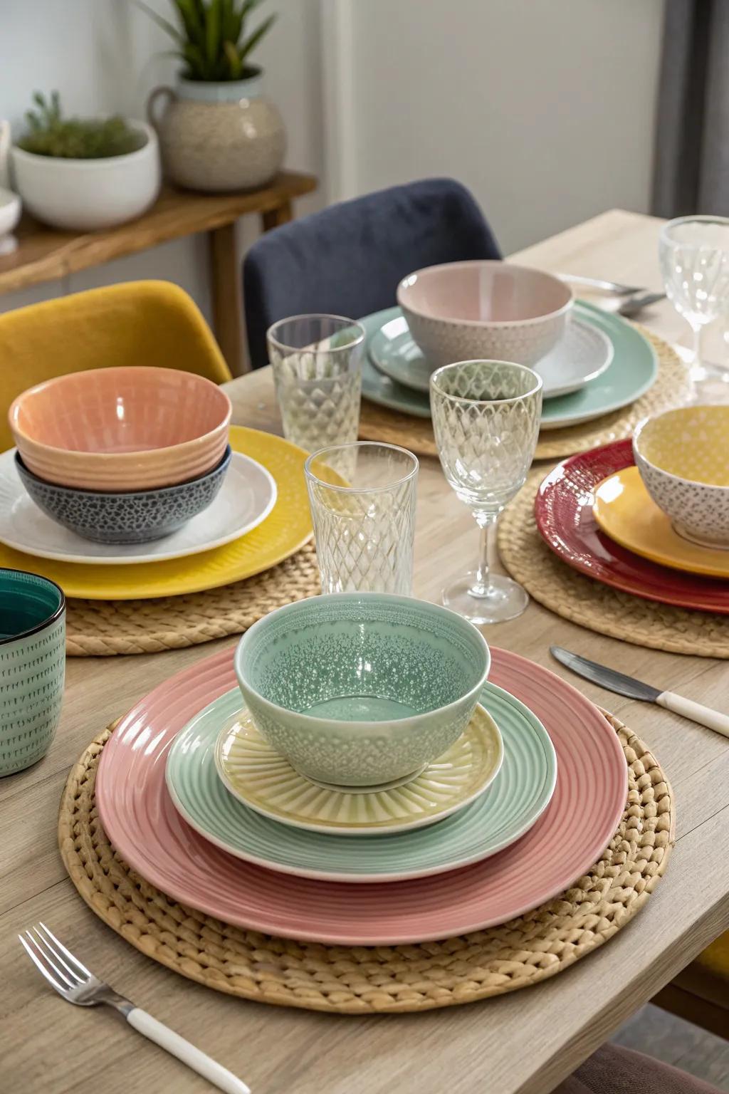 Layered dinnerware enhances the table&rsquo;s visual depth and intrigue.