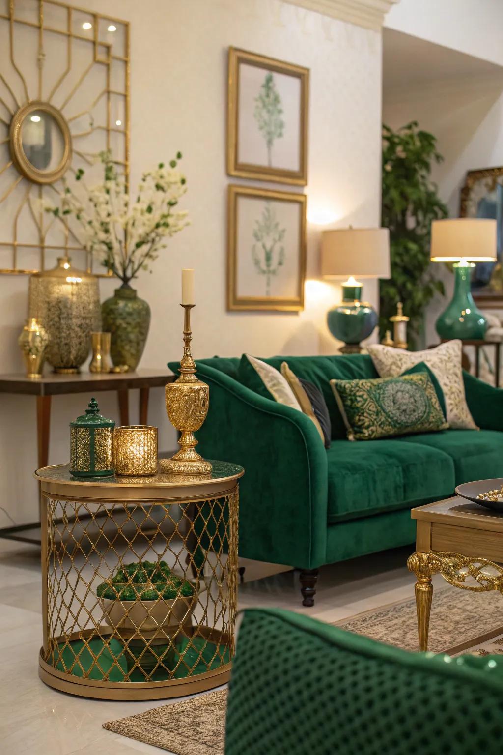 Refined combination of forest green and gilded details.